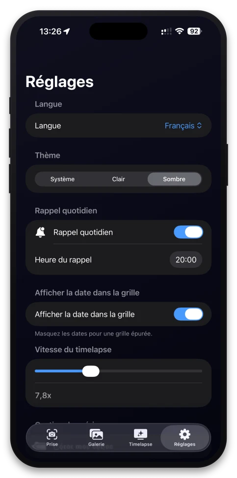 Réglages de SelfiFlow